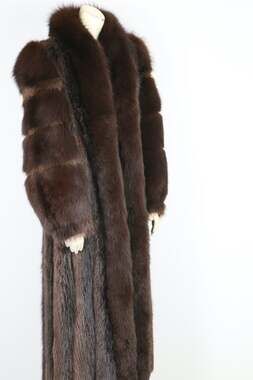 Vintage Brown Muskrat Fur Fox Trim Full Length Maxi Luxury Winter Coat Size M